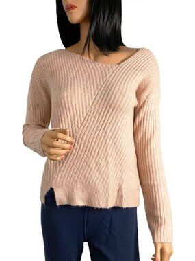 Guess Alivia V-Neck Sweater Pink Diagonal Rib Knit